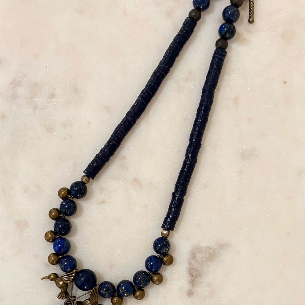 Lapis Lazuli Beaded Necklace Choker with Bronze Tree of Life and Bird Pendants